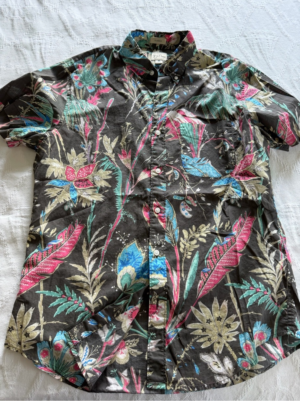 J. Crew Black Short-Sleeve Button-Down Shirt with Teal & Pink Floral